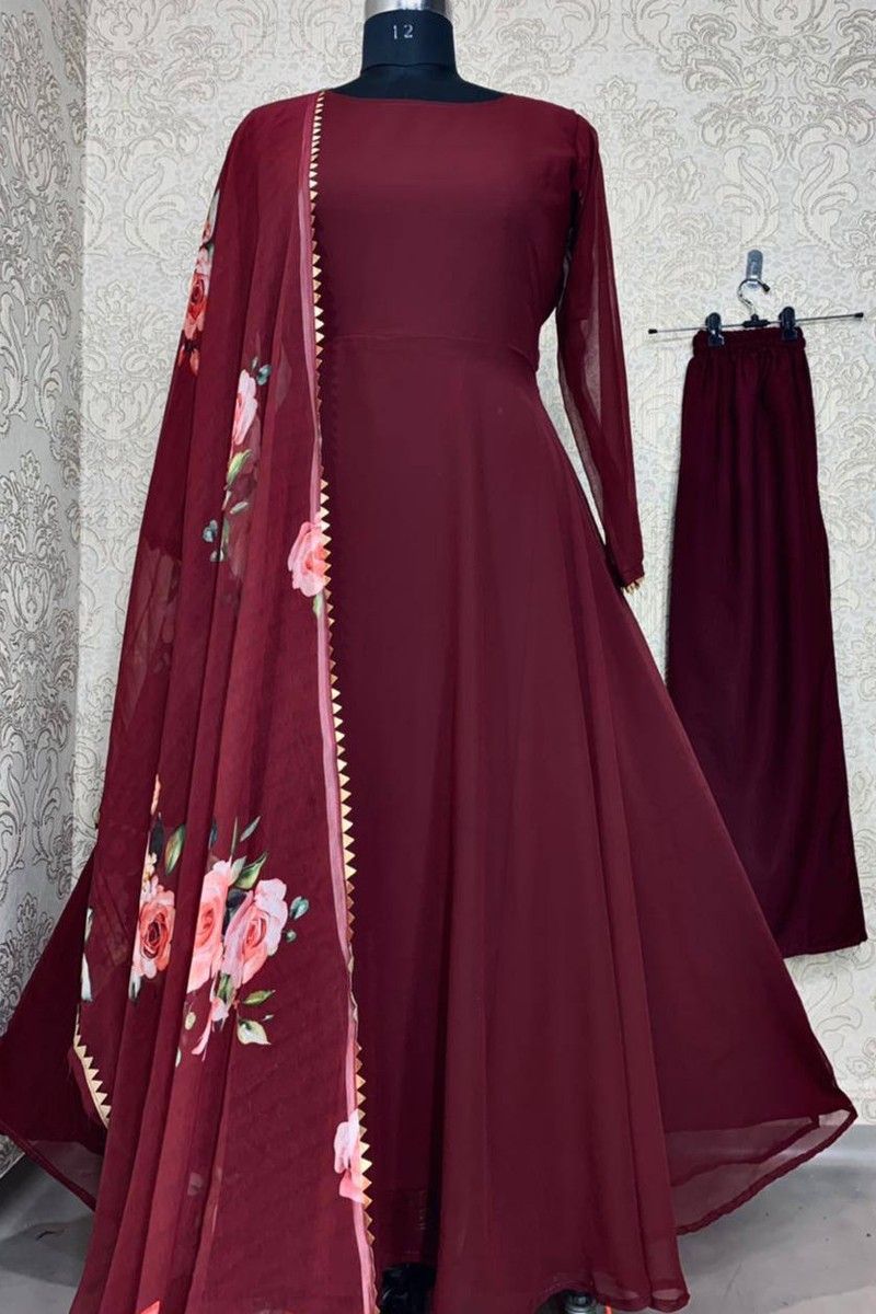 Maroon Cotton Printed Anarkali Dress – TJORI