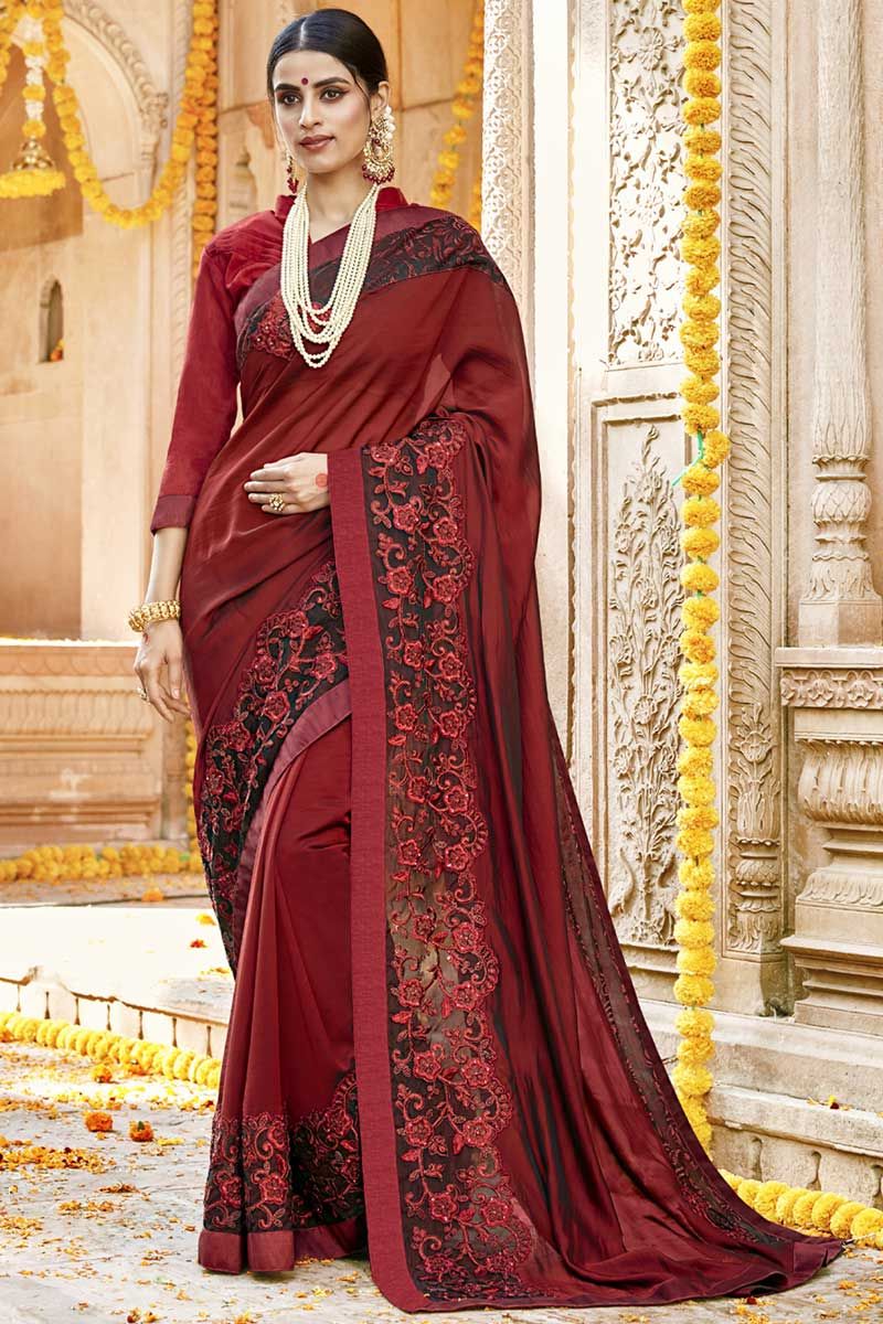 Vanya Zari Embroidered Maroon Silk Saree with Maroon Embroidered Blous–  VANYA