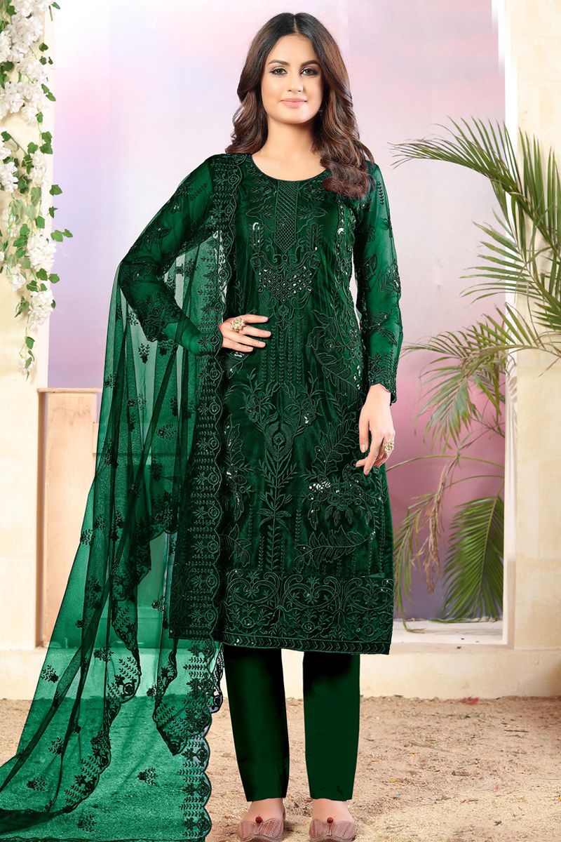 Dark-green embroidered velvet salwar - Monjolika - 3178479