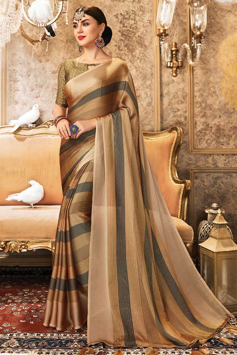Most Demanding Party Wear Golden Saree In China Chiffon