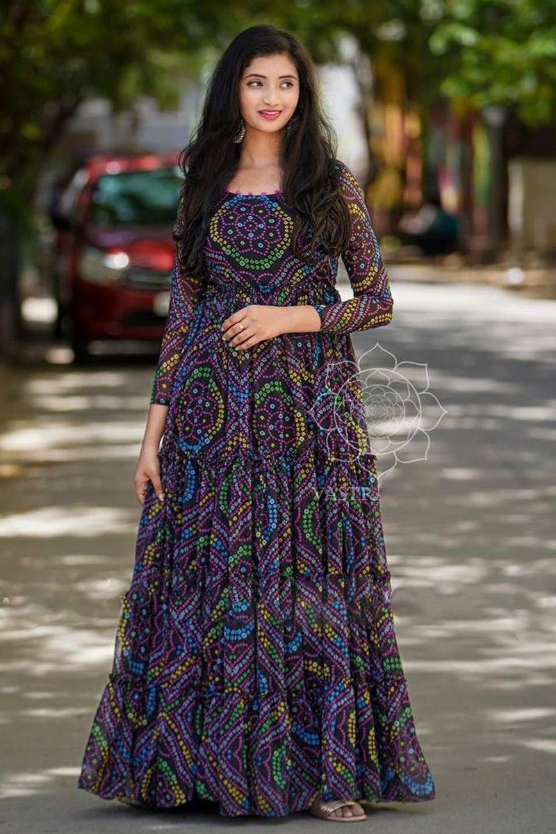 Multi Color Bandhani Digital Printed Anarkali Style Long Gown