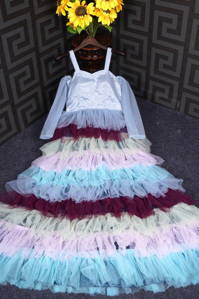 multi color net ruffle layered long gown fj200005 3