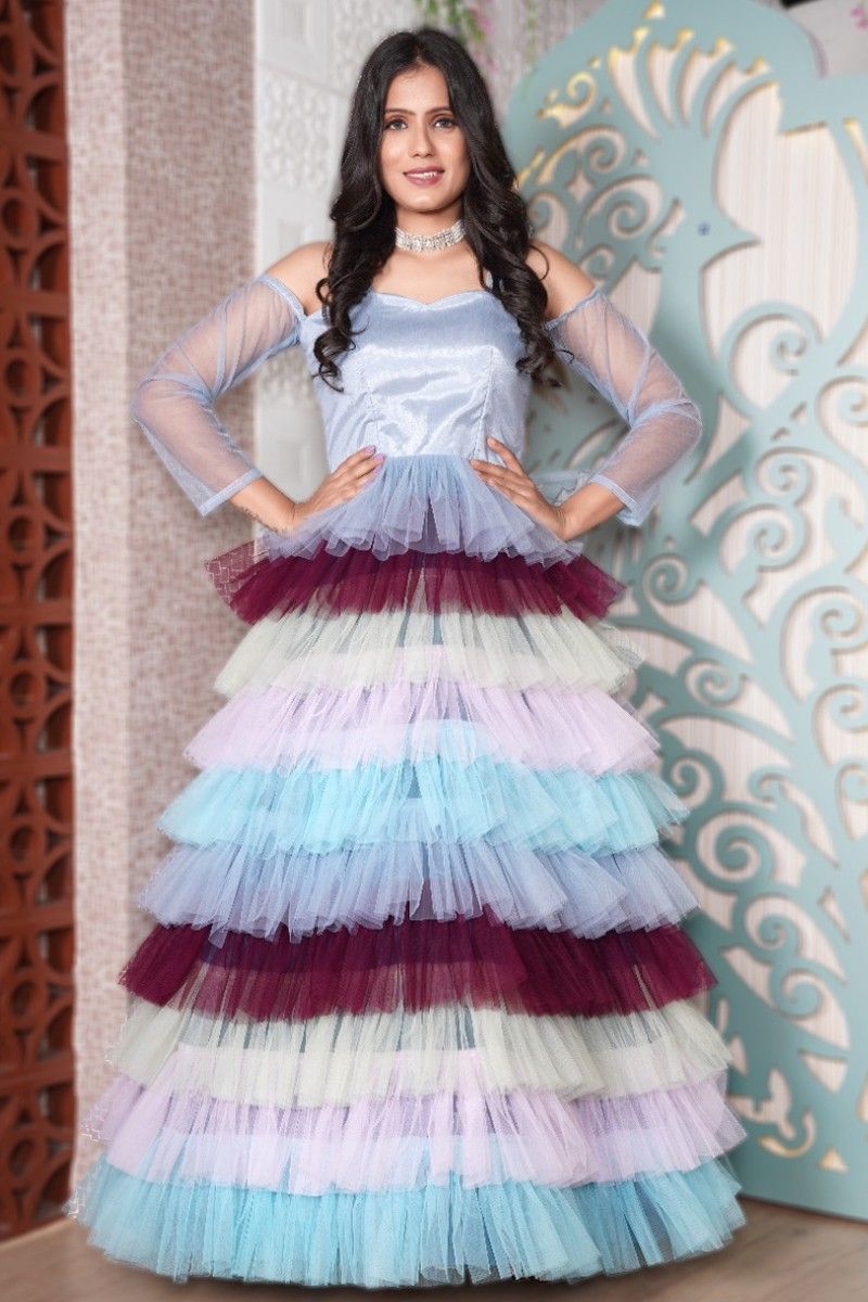 Multi Color Net Ruffle Layered Long Gown