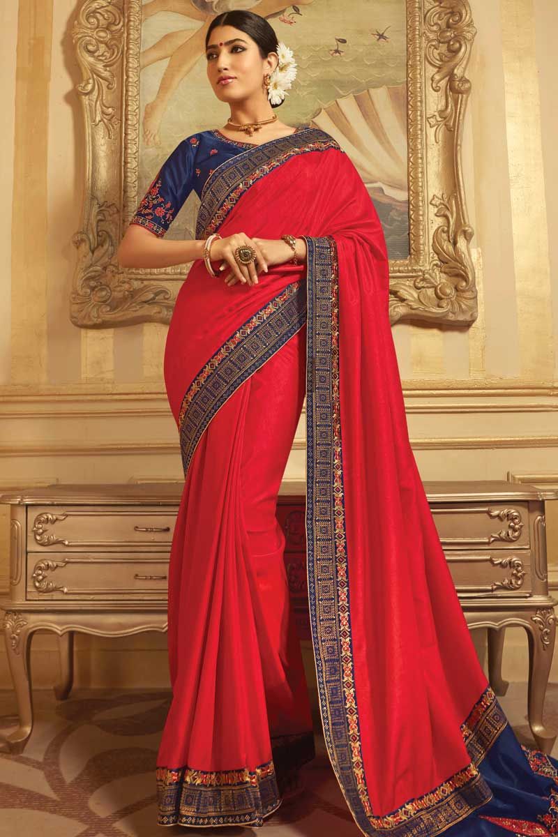 navy blue blouse design with red saree for karwa chauth fj11834