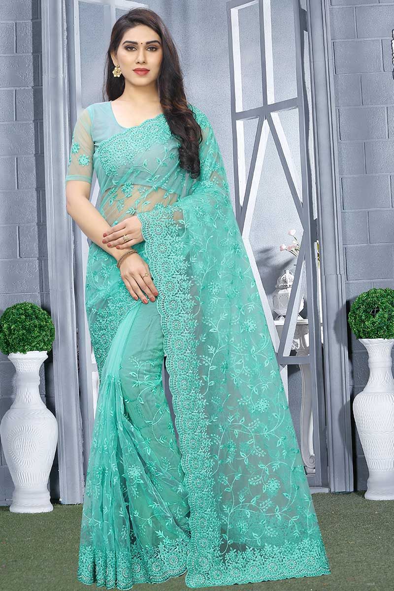 Style a Sky Blue Saree With Golden Border to Look Stunning
