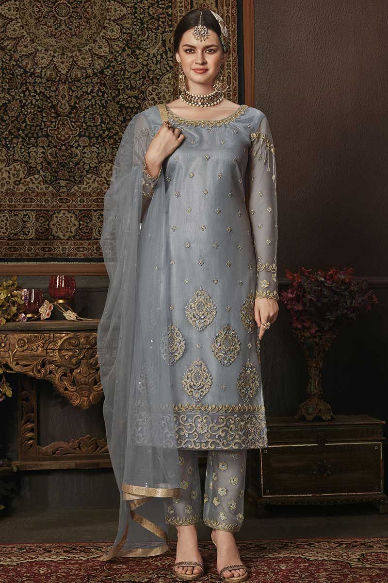 Grey Printed Stitched Suit Set | Kashvi-1006 | Cilory.com