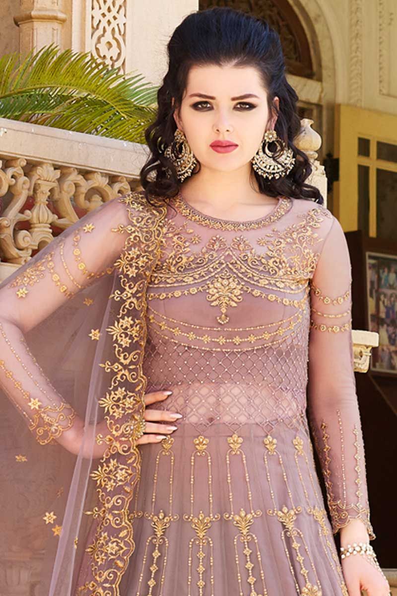 Net Indo Western Dress Mauve Color With Stone Work