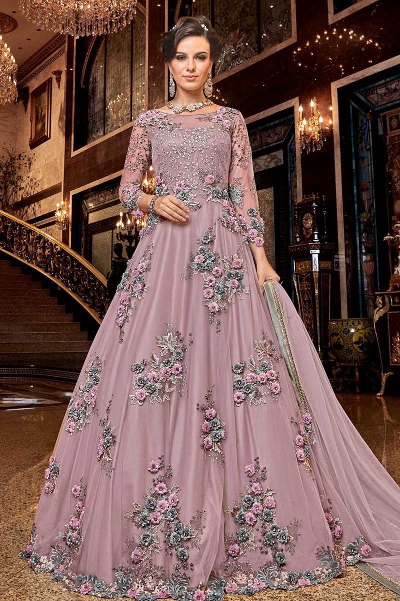 Net Fabric Function Wear Designer Thread Embroidered Lehenga Style Gown In  Pink Color
