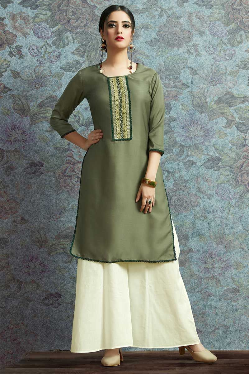 Buy nioni Women's A Line Kurti, 3/4 Bell Sleeves, High -Quality | Solid  Kurta with Embroidery for Girls (Olive Green, L) Online at Best Prices in  India - JioMart.
