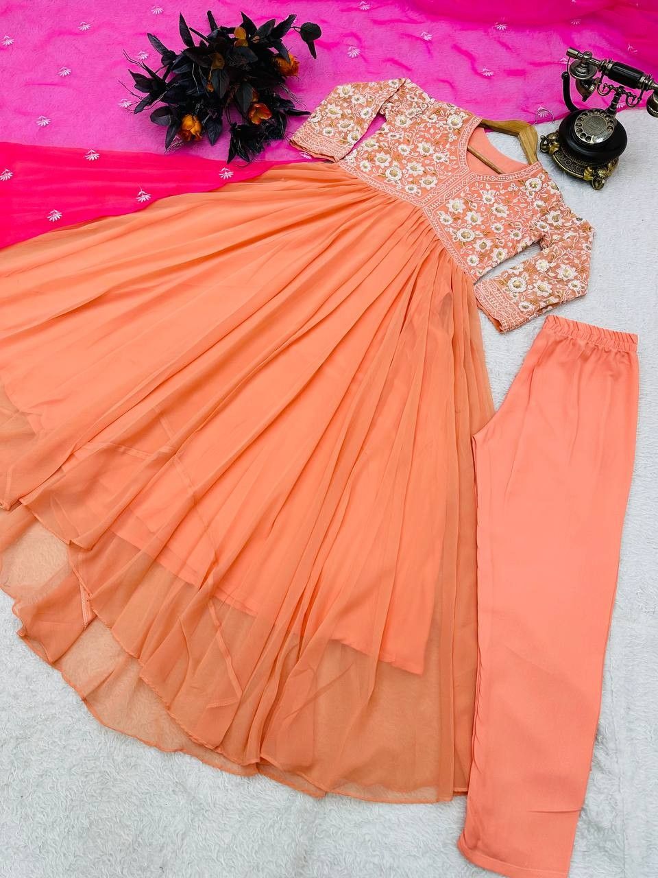 Gorgeous Orange Shibori Embroidered Cotton Anarkali Long Gown Semi Stitched  - SHUBHKALA - 3906862