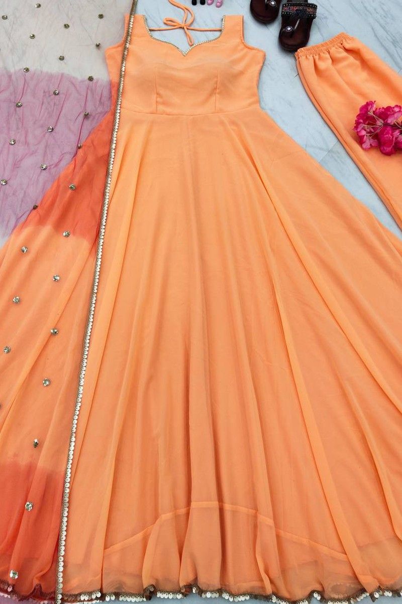 Buy Fantastic Orange Designer Net With Sequence Work Gown | Lehenga-Saree
