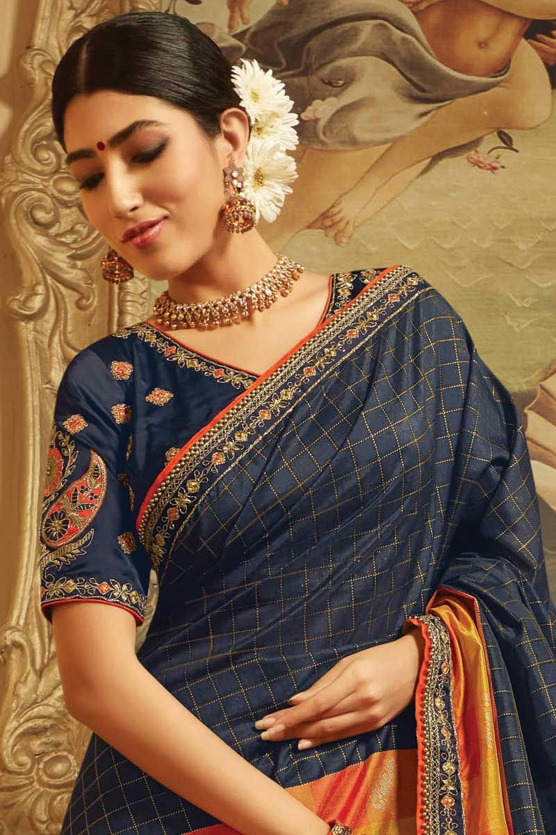 Paper Silk Greyish Blue New Model Saree With Dupion Blouse