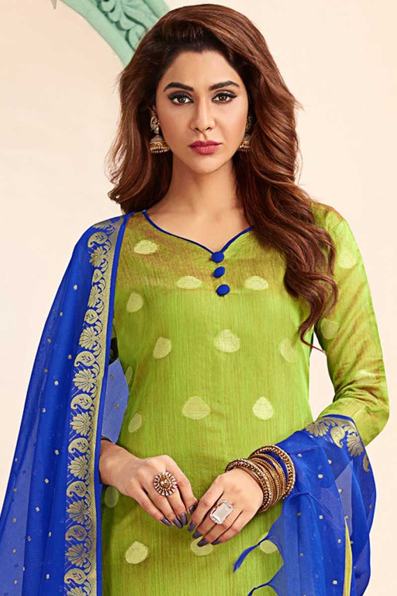 Soft Net Base Parrot Green Color Sharara Suit With Sequins Work