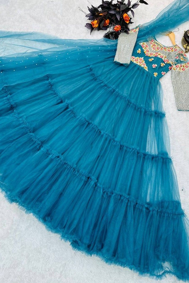 Light Aqua Blue Rainbow Theme Heavy Beaded Frill Gown | The Little Factory