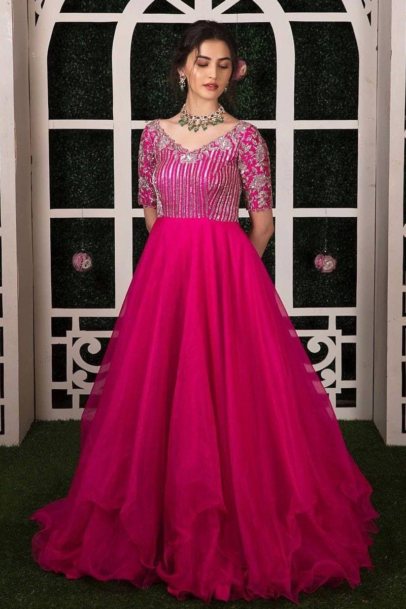 Pink Gown In Net With Stone Work