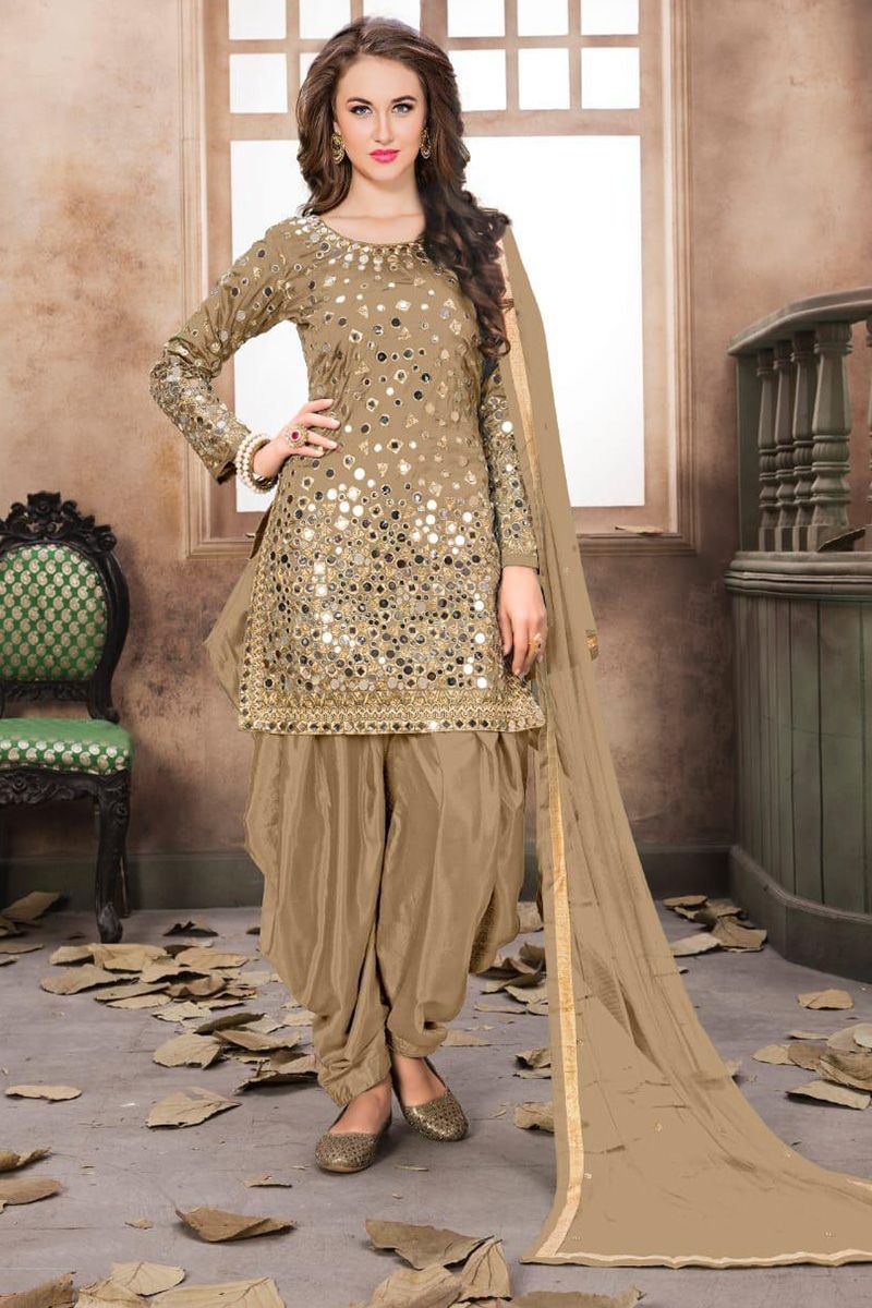 Party Wear Punjabi Suits Taffeta Silk Burlywood Color