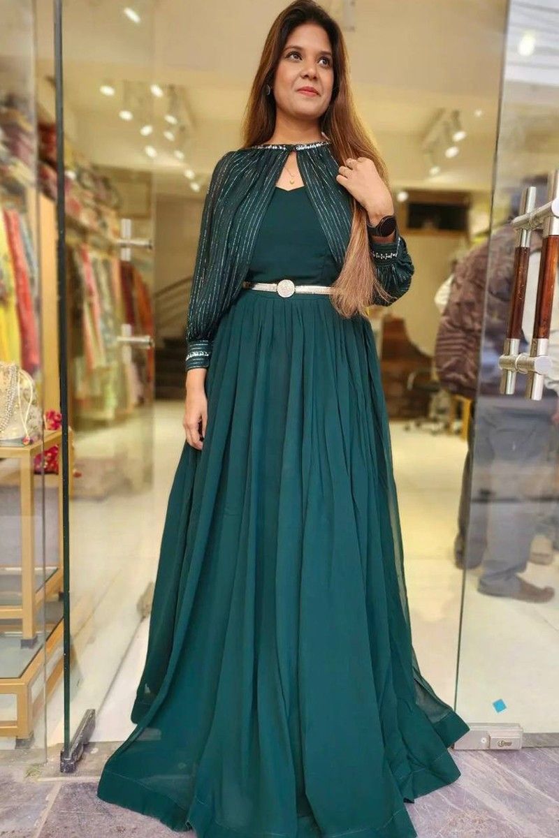 long sequence evening gown with long shrug (peacock blue and green shade)  at Rs 8990 | Evening Gowns in Sas Nagar | ID: 2850356189488