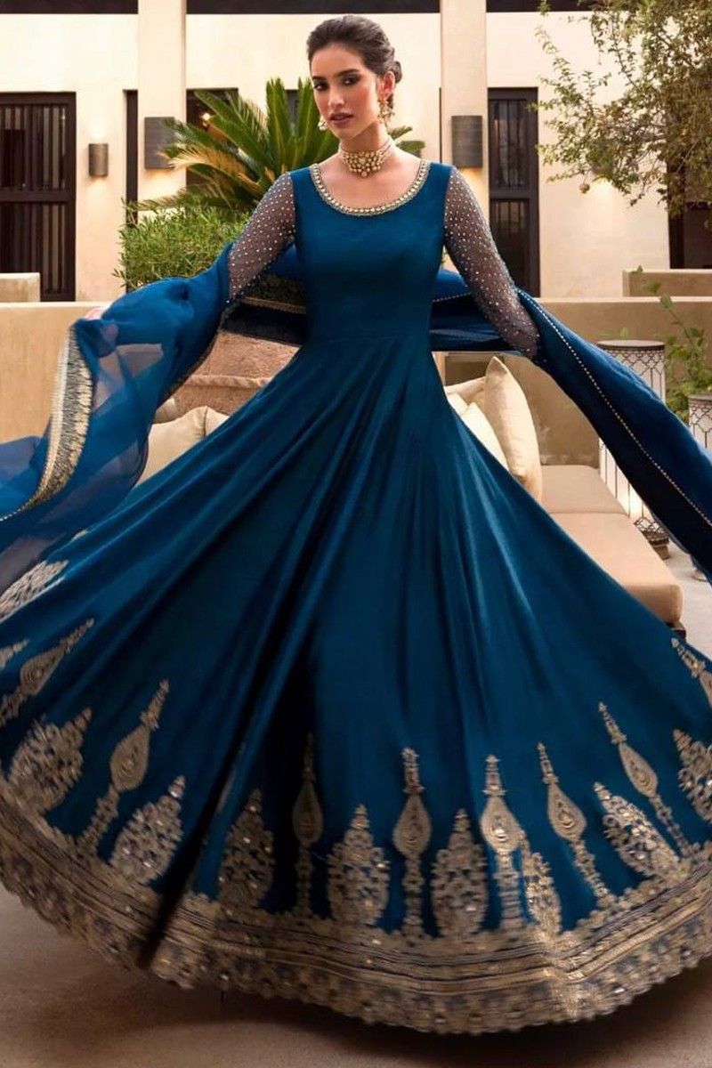 Buy Discount Kings Woman's Fashionable Heavy Rayon Embroided Peacock Blue  Colour Long Gown (Gown-pck-Blu-L) at Amazon.in