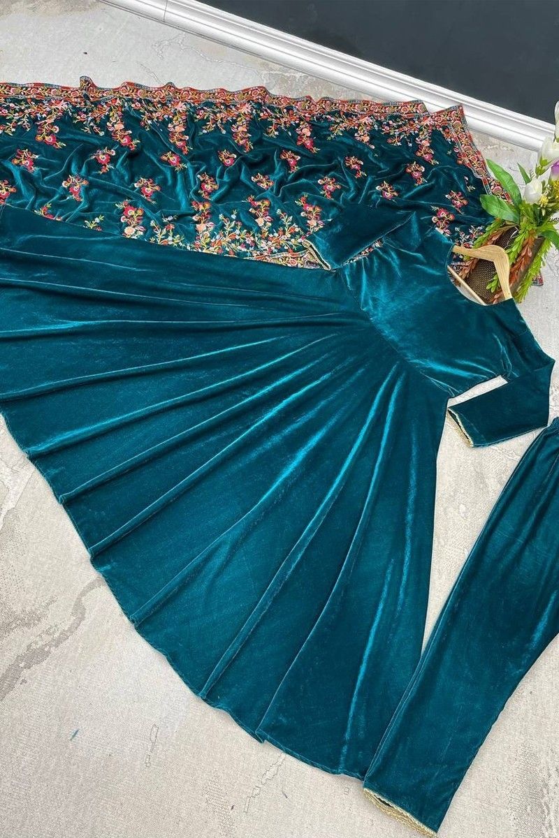 Blue Zari Embroidered Festive Silk Anarkali Suit - Hijab Online