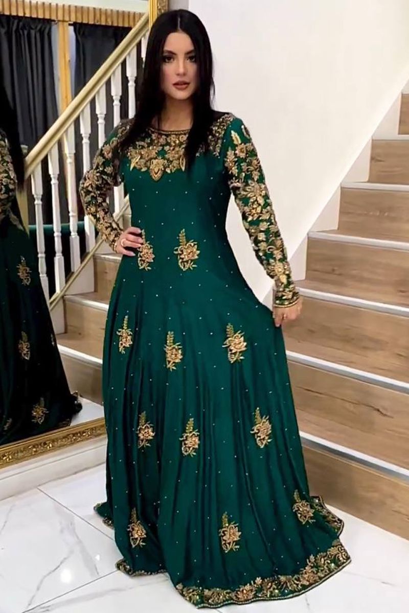 Fancy Long Gown Peacock Green & Grey Combination-FL80 – Gayathri Reddy  Traditional Designer Studio