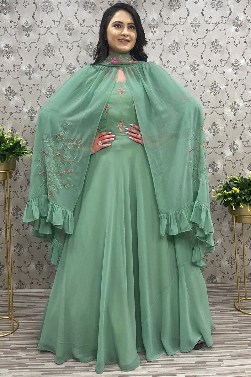 RAYON BEAUTIFUL PRINTED AND JACKET STYLE ATTACHED LONG GOWN