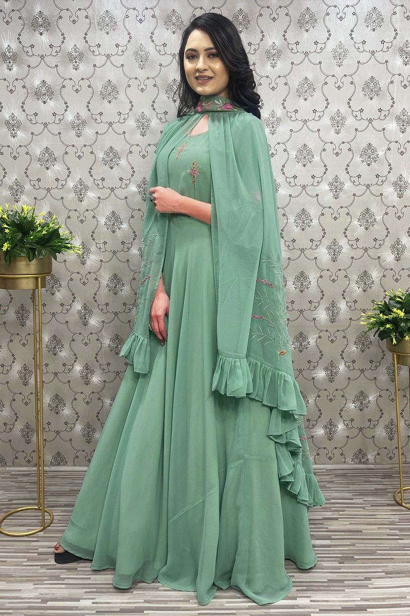 Shop Pista Green Embroidered Gown Party Wear Online at Best Price | Cbazaar