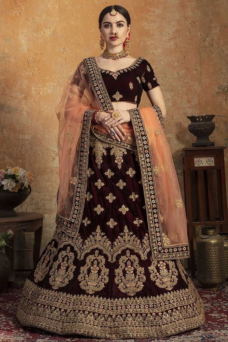 Maroon Indian Bridal Lehenga Choli Set In Net Silk SIF128219 – Siya Fashions