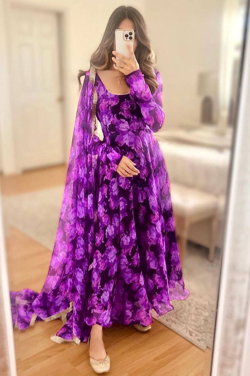 Purple Banarsi Anarkali Silk Dress With Golden Zari Work - House of Surya