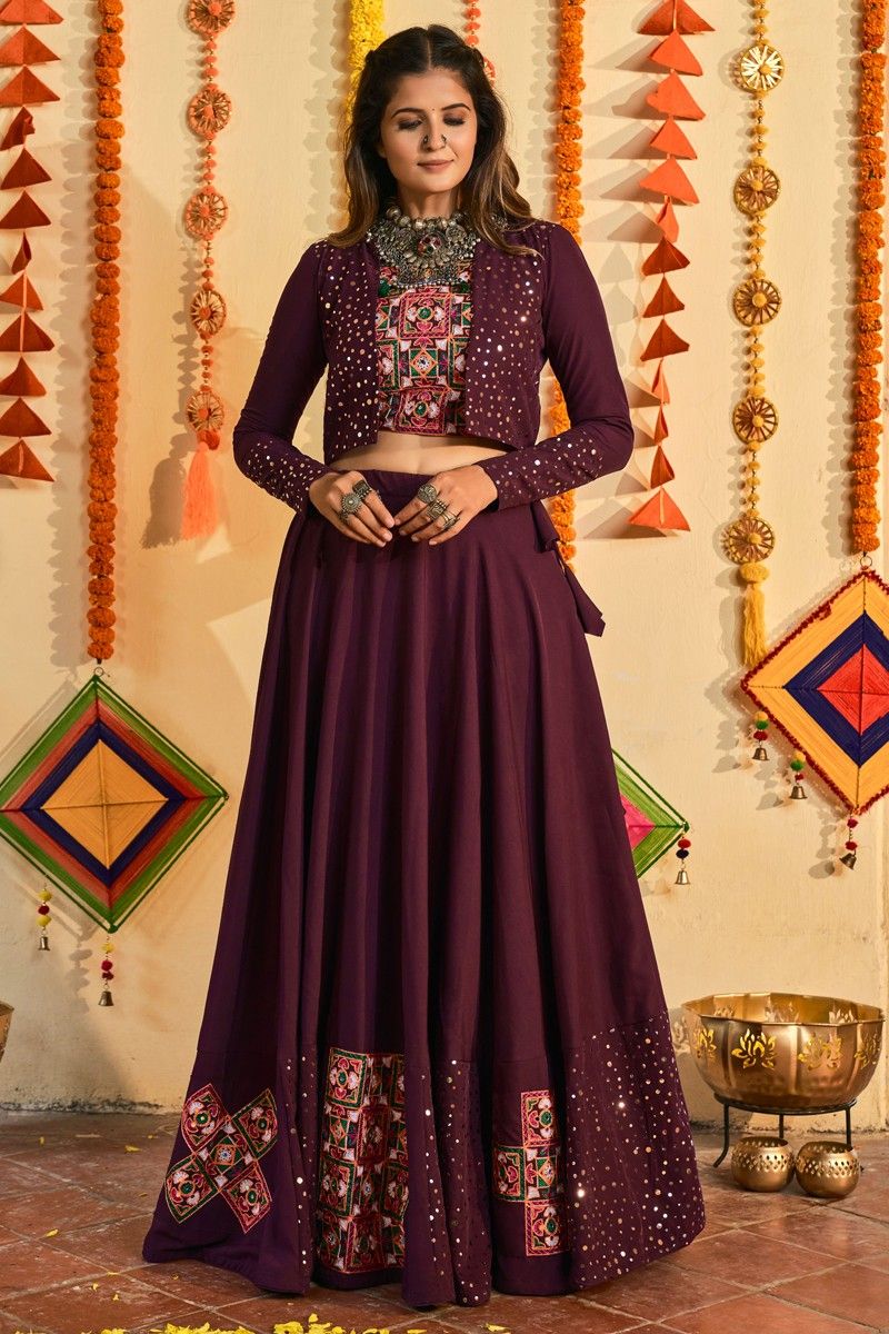 Purple Maslin Cotton Embellished Mukaish Work Lehenga Choli With Koti