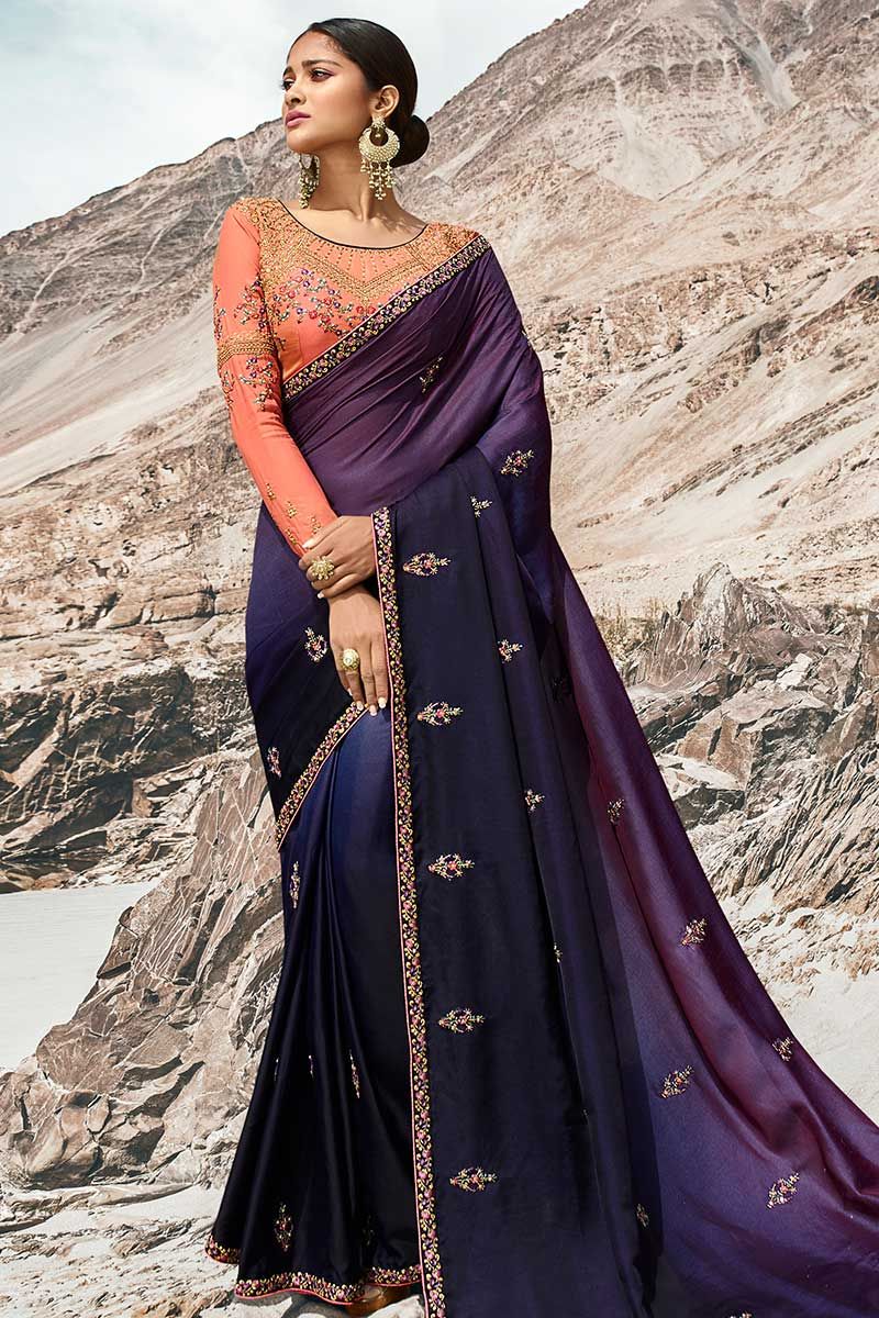 Purple and Navy Blue Barfi Silk Saree Blouse Design