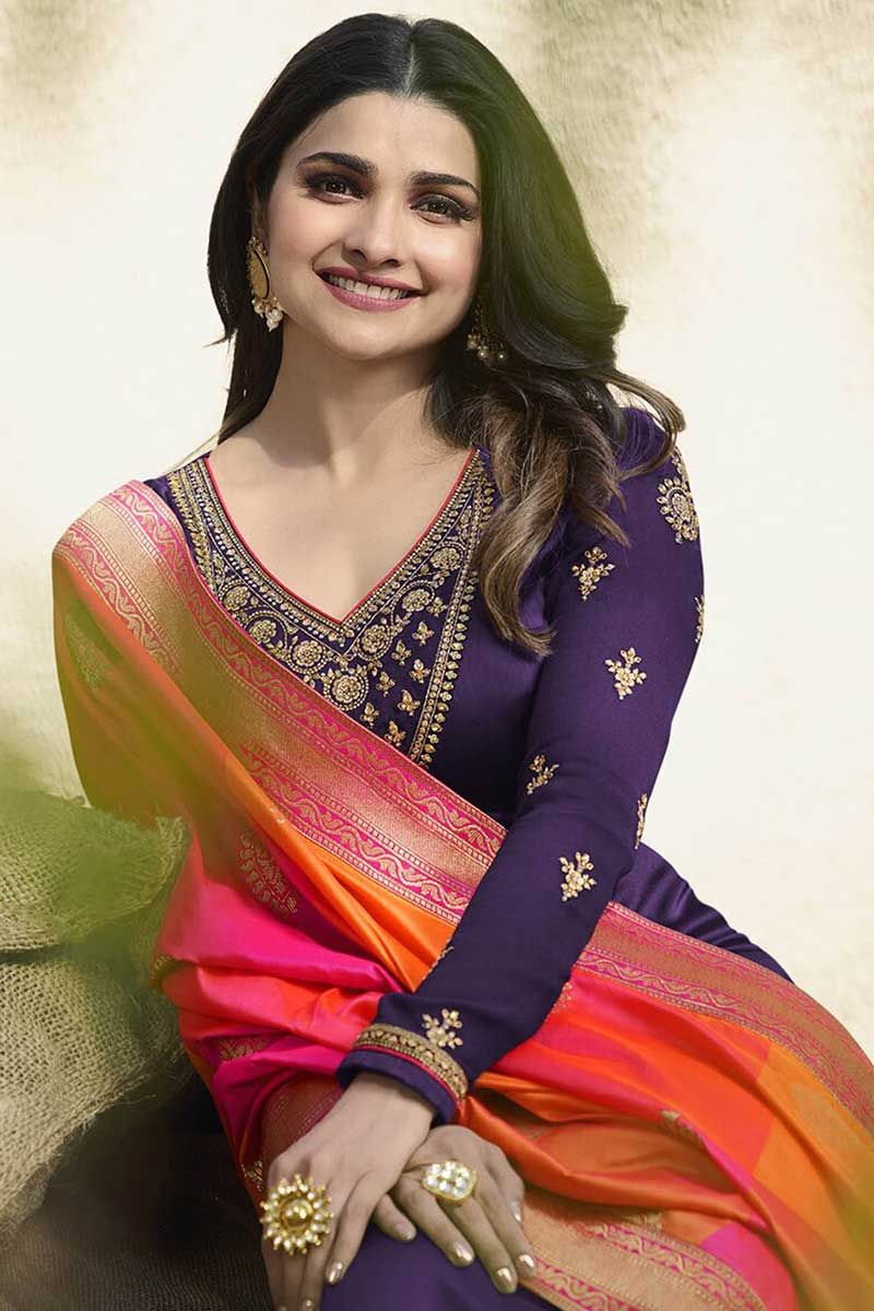 Purple Color Georgette Satin Salwar Suit With Banarasi Silk Dupatta