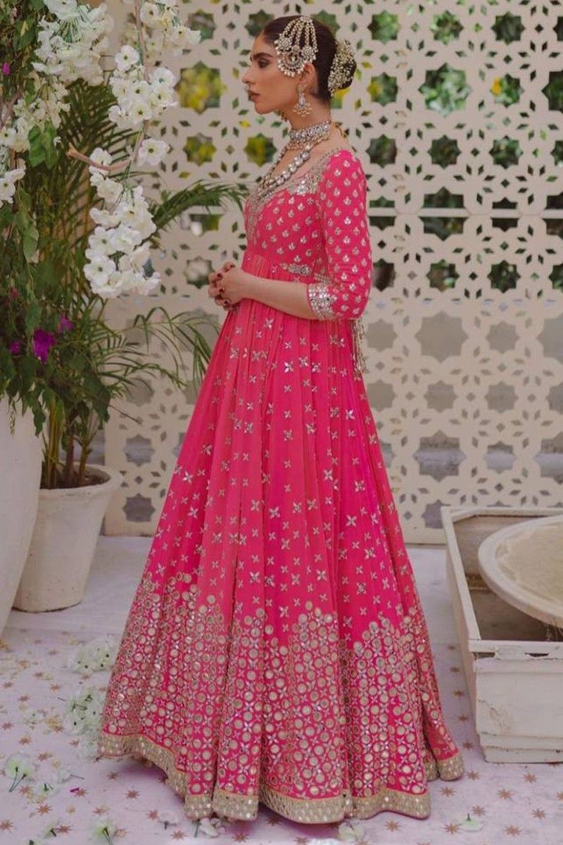 Buy Party Wear Rani Pink Foil Print Rayon Readymade Gown With Pant And  Dupatta Online From Surat Wholesale Shop.