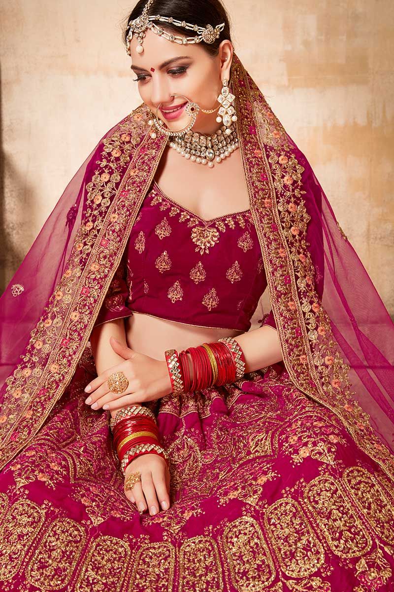 Velvet Hand Work Bridal Lehenga Choli In Pink Colour - LD4900602