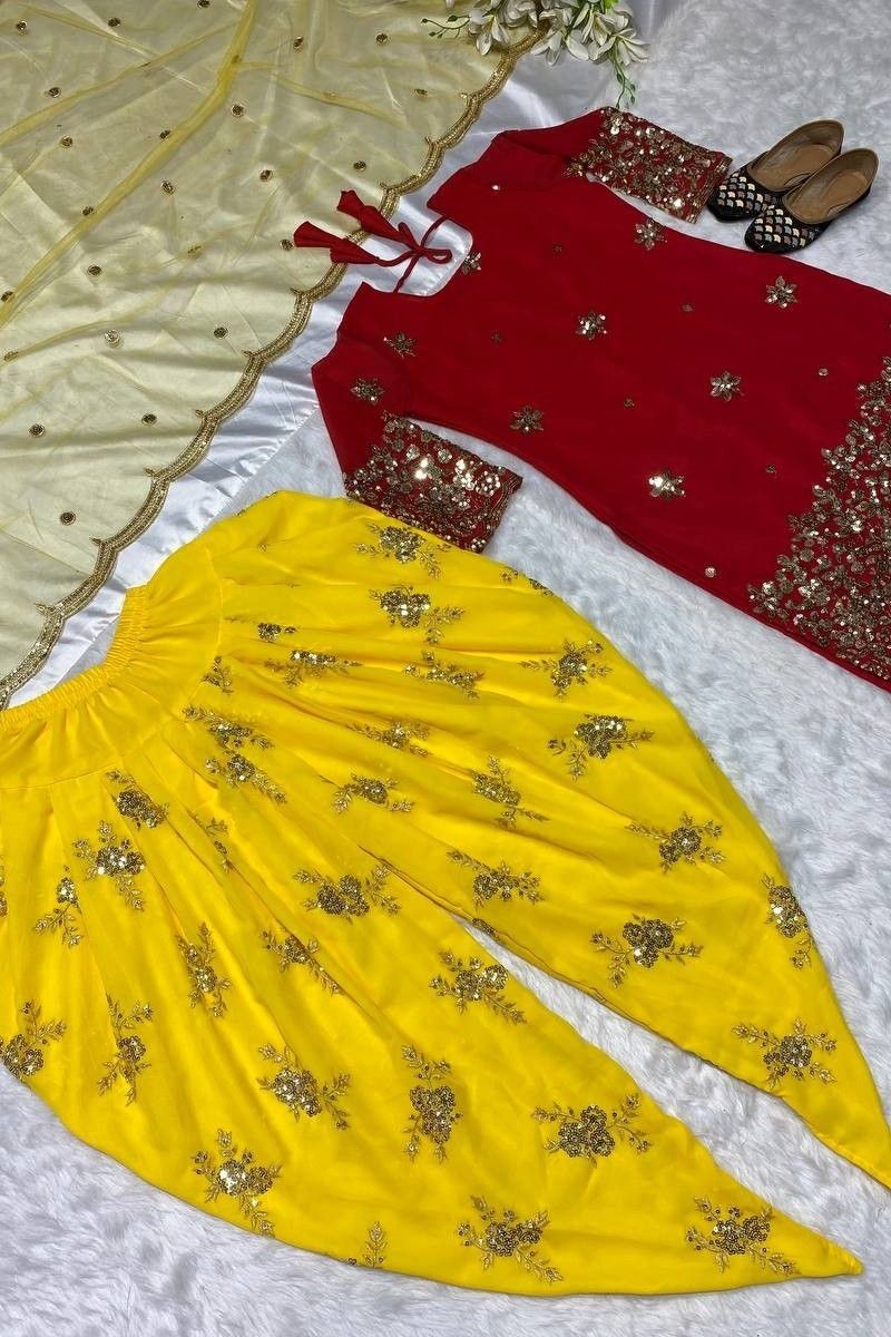 Buy Red And Yellow Cotton Straight Kurta Dhoti Salwar Suit Set (Kurta,  Dhoti Salwar, Dupatta) for INR999.50 | Biba India