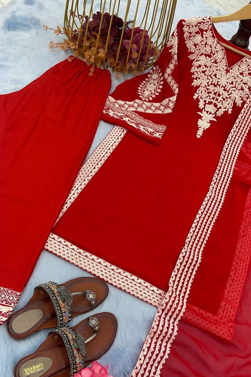 red bell sleeves kurti with readymade palazzo fj301979 2
