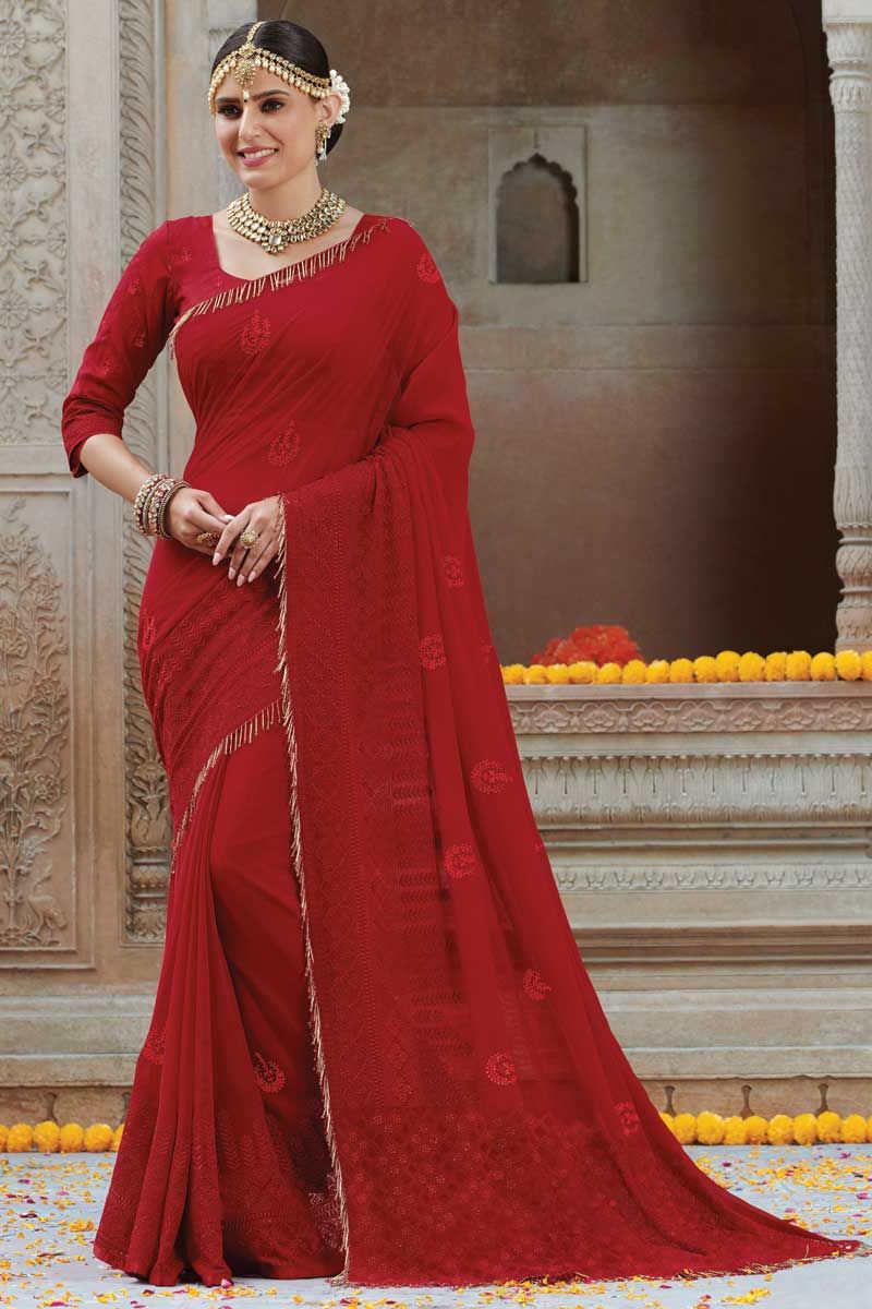 Red Color Lace Border Chiffon Saree For ...