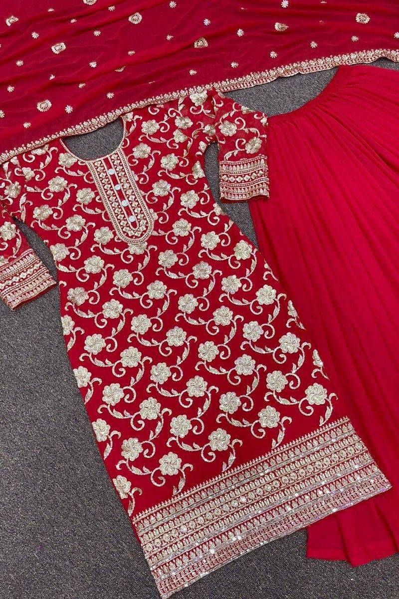 red embroidery work faux georgette straight salwar suit fj301092 1