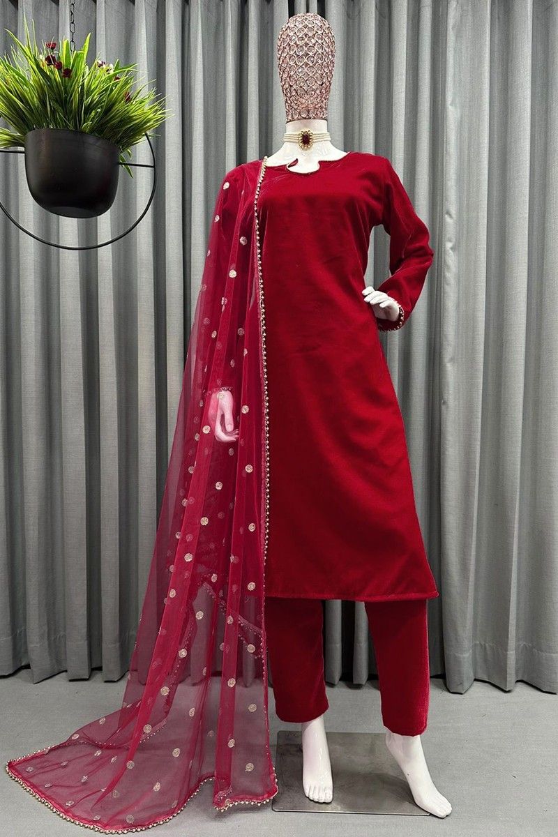 Buy Bunaai Crimsom Embroidered Red Chanderi Salwar Suit Set For Women Online