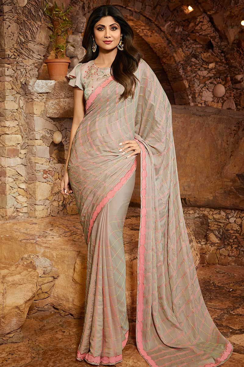 Designer Saree Dress For Women Bollywood Pink Colored Pakistani Paper Silk Sari
