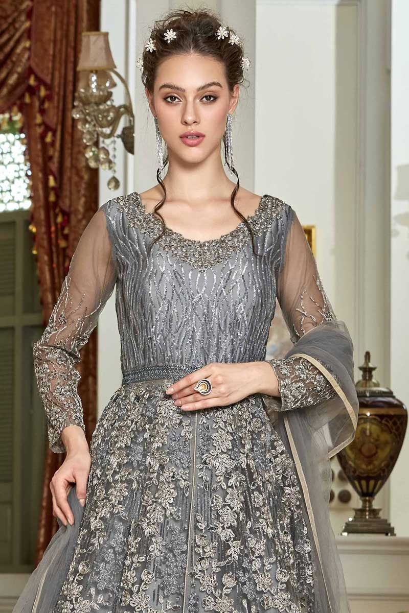 Buy Grey Embroidered Stone Work Net Gown (size 24-38)