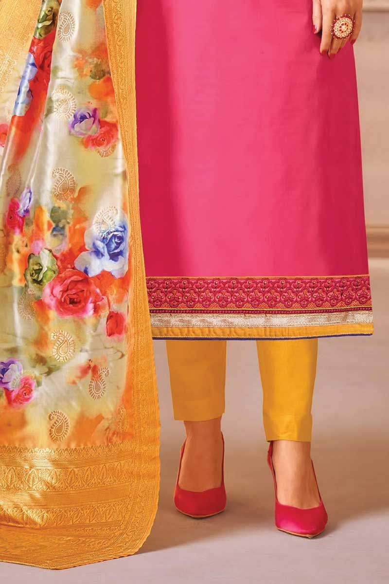 Embroidered Pure Chanderi Silk Pakistani Suit in Mustard : KMQS134