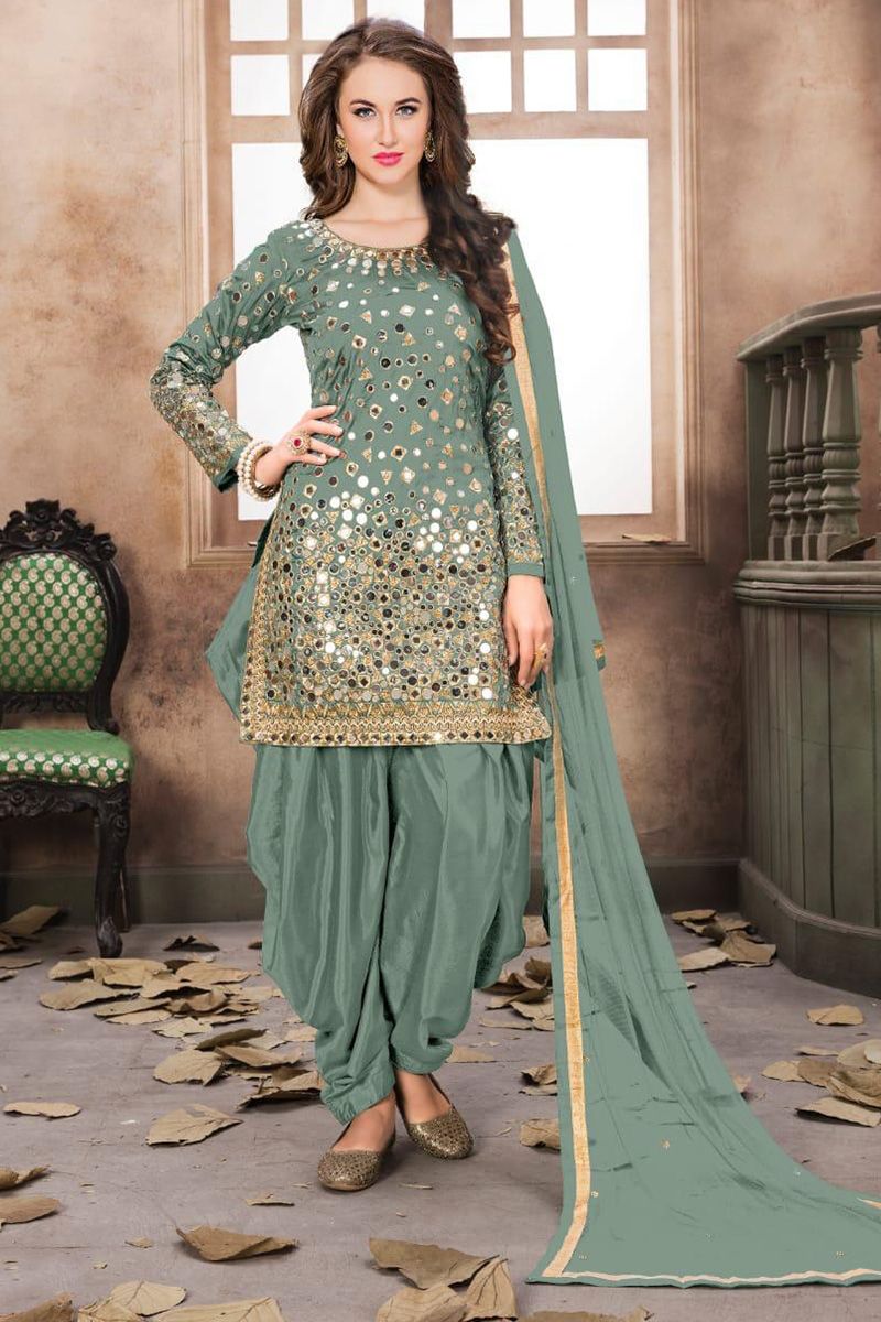 Taffeta Silk Punjabi Dress Design Light Green Color