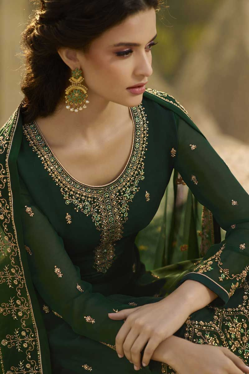 Upcoming Festival Season Resham Embroidery Satin Georgette Pant Style Suit  In Dark Green Color