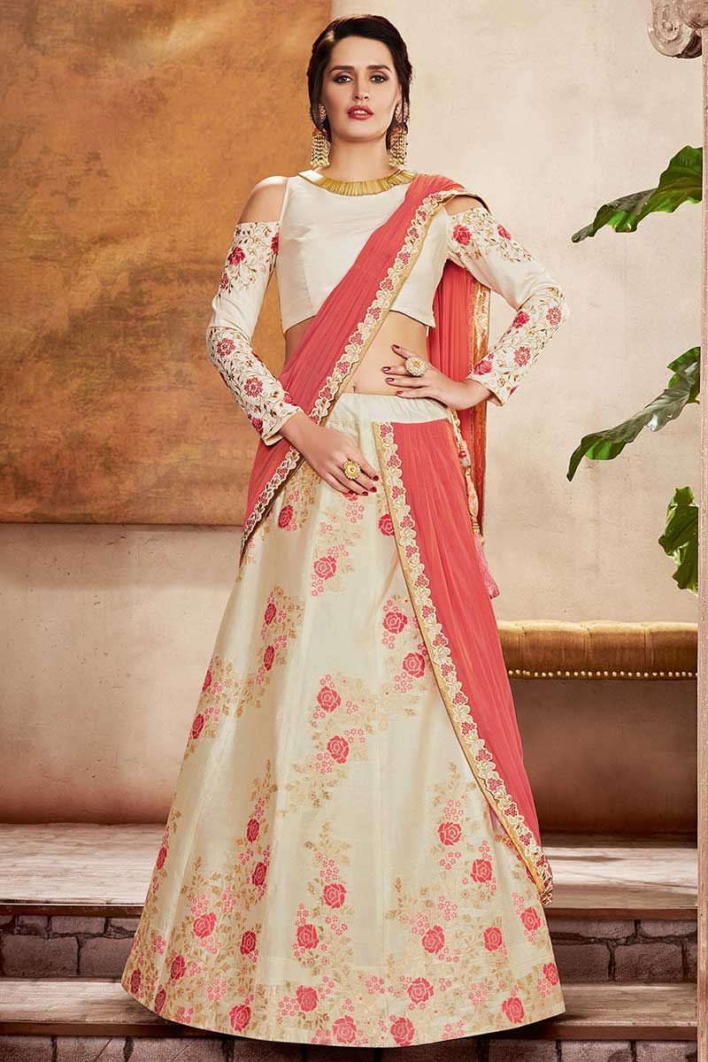 Red pink white fine combination net material embroidery work decent ma -  New India Fashion