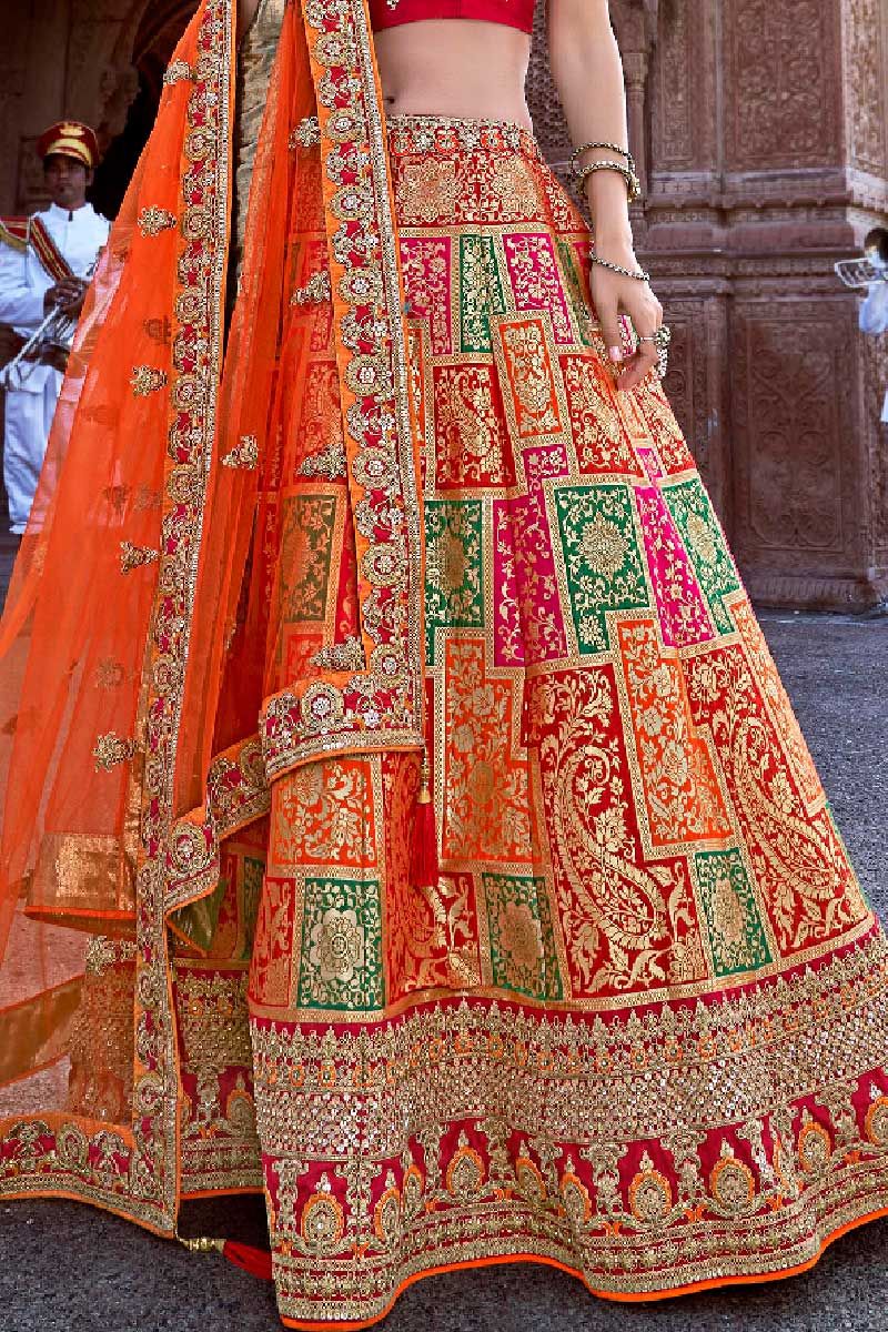 Multi Colored Zari Embroidered Silk Designer A Line Lehenga Choli