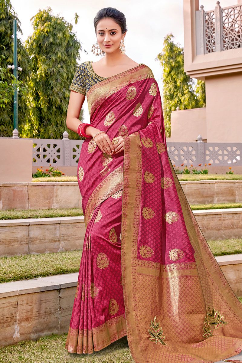 Wedding New Saree Design With Rani Color Weaved Silk Fabric