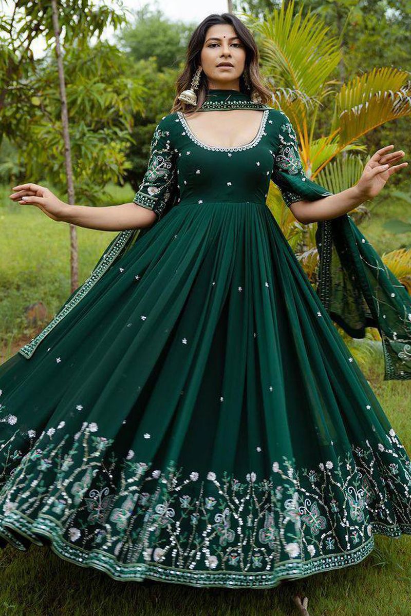 Bright Green Gown in Georgette fabric with Resham, Sequence, Zari and Dabka  Work | Kishori