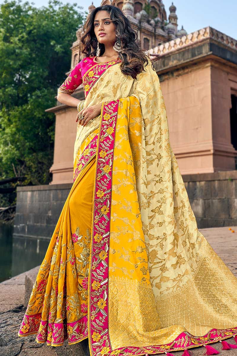 Indian Wedding Art silk Yellow Colour Saree 1561-atpcosmetics.com.vn