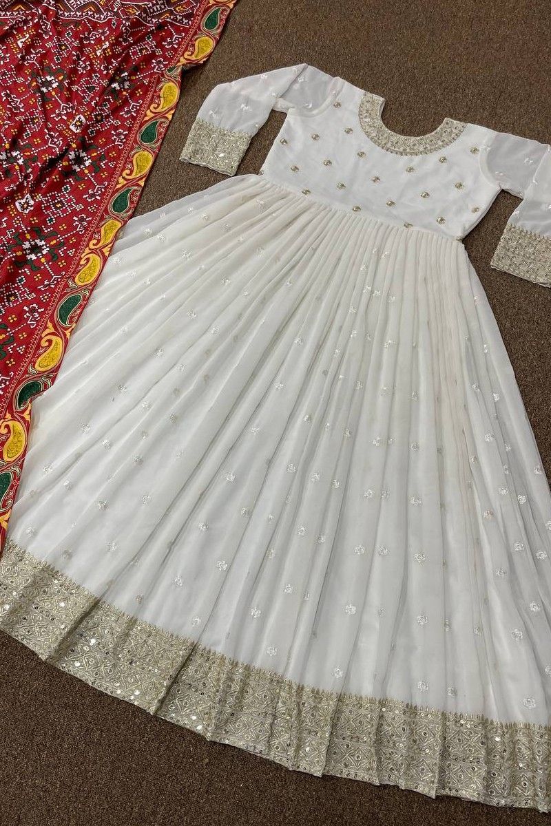 Embroidered White Long Frock Dupatta Pakistani Party Dresses  Nameera by  Farooq