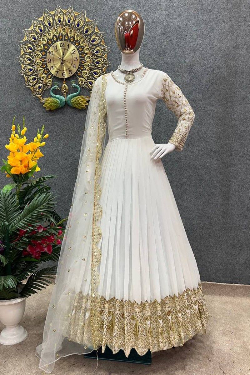 Embroidered Net White Anarkali Suit  Anuchaacom